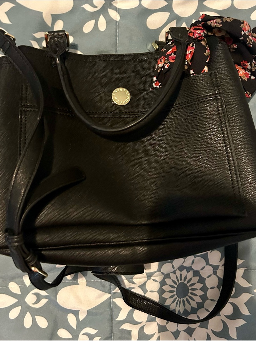 Steve Madden Black Tote with Floral Scarf Accent